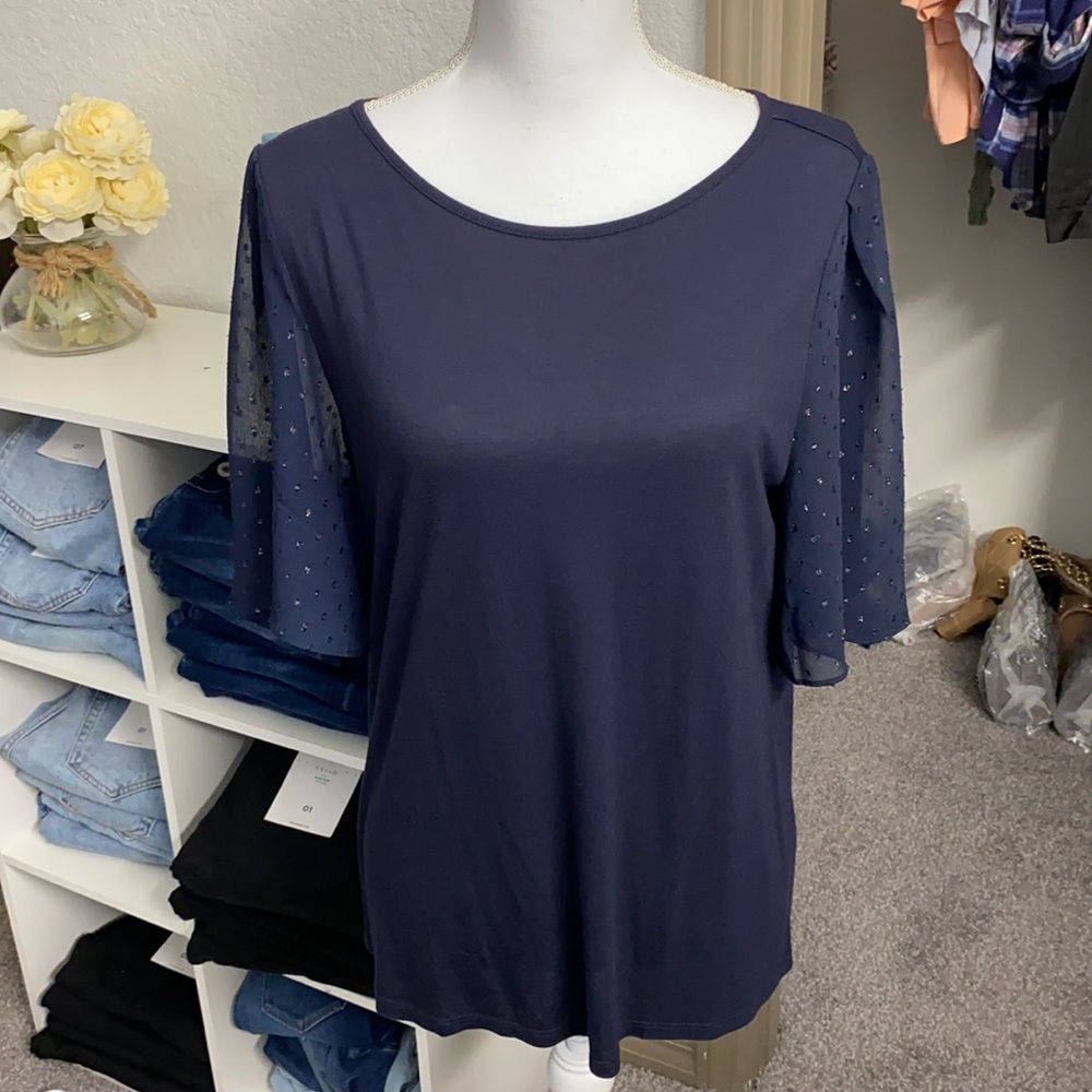 LOFT Navy Blue Sheer Flutter Sleeve Blouse Size Small